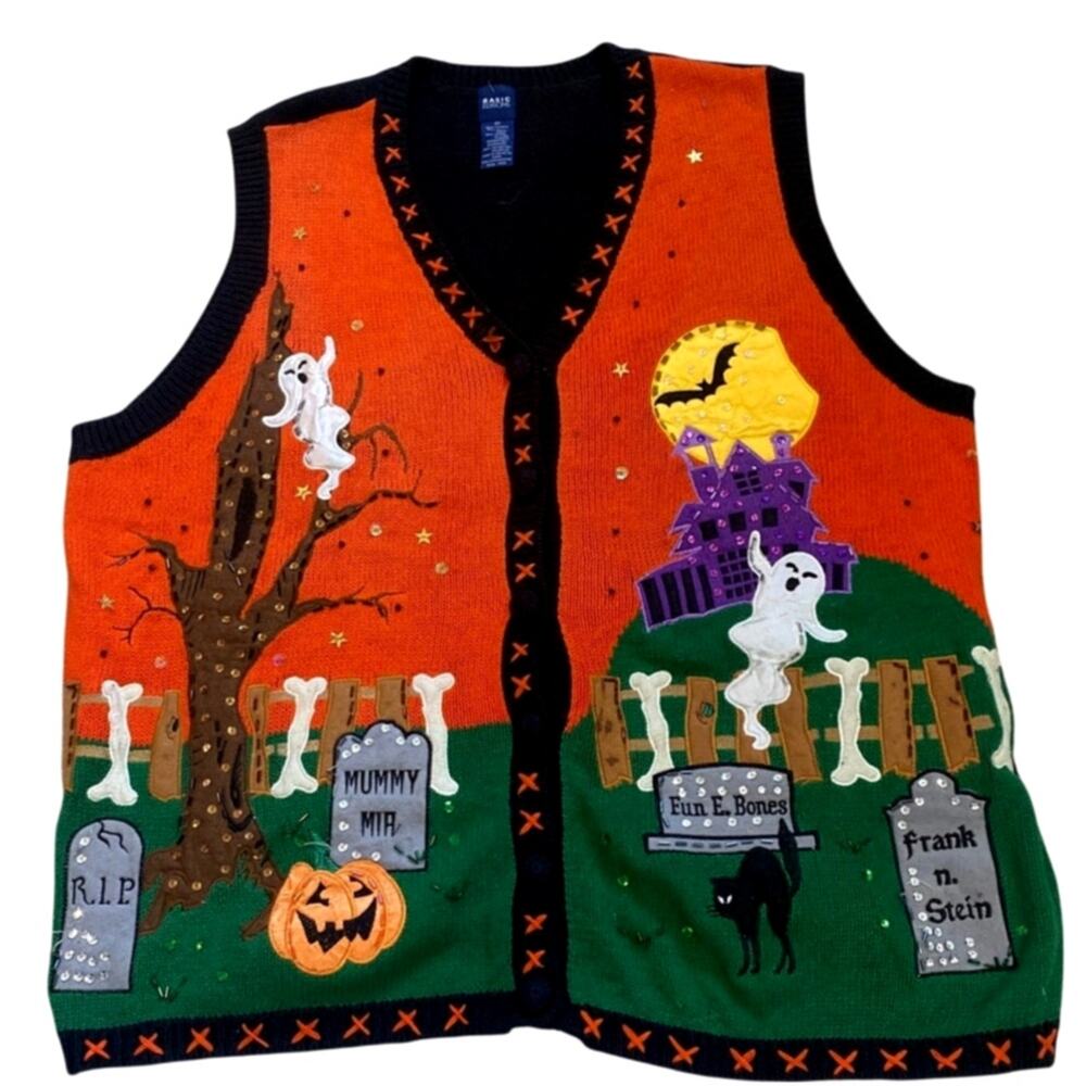 Vintage Halloween Knit Vest 2X – Basic Editions Graveyard Haunted House Pumpkin
